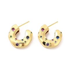 Colorful Cubic Zirconia C-shap Stud Earrings, Real 18K Gold Plated Half Hoop Earrings for Women, Cadmium Free & Lead Free, Colorful, 20x6mm, Pin: 0.9mm