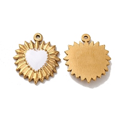 White Ion Plating(IP) 304 Stainless Steel Charms, with Enamel, Real 18K Gold Plated, Sun with Heart, White, 23x20x3mm, Hole: 1.4mm