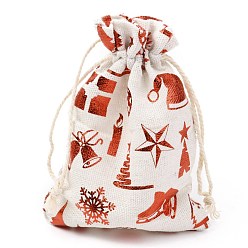 Oval Christmas Theme Cotton Fabric Cloth Bag, Drawstring Bags, for Christmas Party Snack Gift Ornaments, Christmas Themed Pattern, 14x10cm