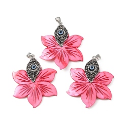 Camellia Natural White Shell Dyed Big Pendants, Flower Charms with Iron Polymer Clay Rhinestone Findings, Camellia, 55x44x7.5mm, Hole: 6x4.5mm