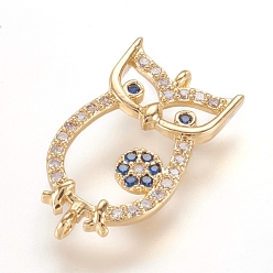 Real 18K Gold Plated Brass Micro Pave Cubic Zirconia Links, Owl, Real 18K Gold Plated, 20x11x2mm, Hole: 1mm
