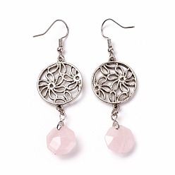 Rose Quartz Natural Rose Quartz Dangle Earrings, with Brass Pins and Alloy Pendants, Flat Round with Flower, 62mm, Pendant: 45x20mm, Pin: 0.6mm