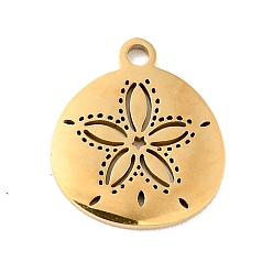 Golden 201 Stainless Steel Pendants, Flat Round with Flower, Golden, 13.5x12x1mm, Hole: 1.4mm