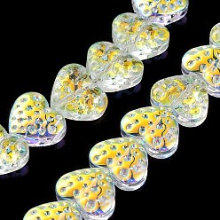 Jaune Plaquent verre transparent perles brins, de couleur plaquée ab , cœur, jaune, 13x15mm, Trou: 1.2mm, Environ 50 pcs/chapelet, 25.59'' (65 cm)