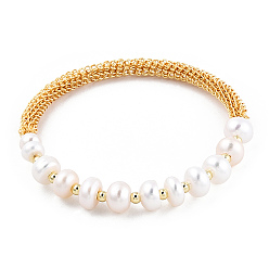 Creamy White Natural Cultured Freshwater Pearl Beads Cuff Bangle, Real 14K Gold Plated Brass Jewelry for Women, Creamy White, Inner Diameter: 2 inch(5cm)