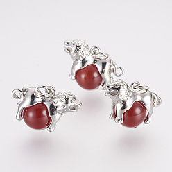 Leo Natural Carnelian/Red Agate Pendants, with Platinum Plated Brass Findings, Constellation/Zodiac Sign, Leo, 15.5~26x13~24x10~12.5mm, Hole: 4mm