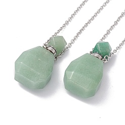 Green Aventurine Openable Faceted Natural Green Aventurine Perfume Bottle Pendant Necklaces for Women, 304 Stainless Steel Cable Chain Necklaces, Stainless Steel Color, 18.50 inch(47cm)