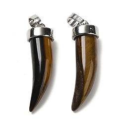 Tiger Eye Natural Tiger Eye Pendants, Horn Charms, with Rack Plating Platinum Plated Brass Snap on Bails, 34~36x10mm, Hole: 8x5mm