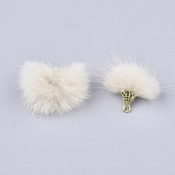 Beige Faux Mink Fur Tassel Pendant Decorations, with Alloy Findings, Antique Golden, Beige, 20~30x28~30mm, Hole: 1.8mm