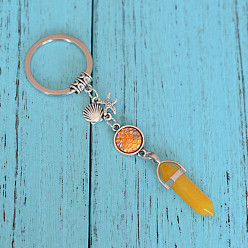Agate Jaune Porte-clés pendentif balle en agate jaune naturelle, avec étoile de mer en alliage et forme de coquillage, 3.5 cm