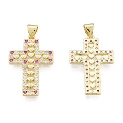 Magenta Brass Micro Pave Cubic Zirconia Pendants, Real 18K Gold Plated, Cross, Magenta, 27x17x2mm, Hole: 3.5x4mm
