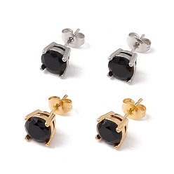 Black 6 Pairs Cubic Zirconia Flat Round Stud Earrings, 304 Stainless Steel Jewelry for Women, Mixed Color, Black, 7mm, Pin: 0.7mm