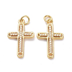 Real 18K Gold Plated Brass Micro Pave Clear Cubic Zirconia Pendants, with Jump Ring, Long-Lasting Plated, Cross, Real 18K Gold Plated, 24x14.5x2mm, Jump Rings: 5x1mm, 3mm Inner Diameter