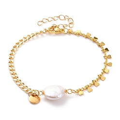 Real 18K Gold Plated Natural Baroque Pearl Keshi Pearl Link Bracelets, with Brass Curb Chains, 304 Stainless Steel Lobster Claw Clasps and Flat Round Charms, Heart, White, Real 18K Gold Plated, 7-1/2 inch(19cm)