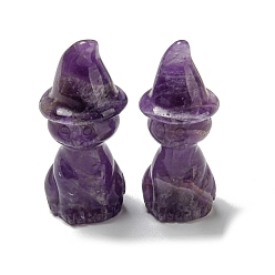 Amethyst Natural Amethyst Carved Healing Cat with Witch Hat Figurines, Reiki Energy Stone Display Decorations, 48~50x19~21mm