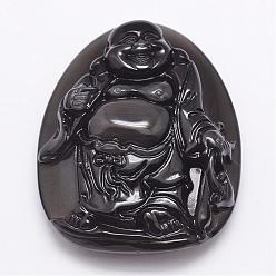 Noir Pendentifs en argile arc-en-ciel obsidienne naturelle, Bouddha, noir, 54x43x17~19mm, Trou: 1.5mm