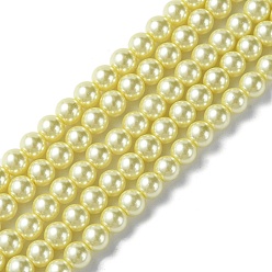 Champagne Amarillo Hebras redondas de perlas de vidrio teñido ecológico, Grado A, cordón de algodón rosca, amarillo champán, 8 mm, agujero: 1.2~1.5 mm, sobre 52 unidades / cadena, 15 pulgada