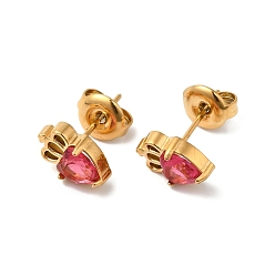 Padparadscha Rhinestone Heart with Crown Stud Earrings, Real 14K Gold Plated 304 Stainless Steel Jewelry for Women, Padparadscha, 9.5x6.5mm, Pin: 0.8mm