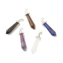 Mixed Stone Natural Mixed Gemstone Pointed Pendants, with Antique Silver Tone Alloy Hat Findings, Faceted, Sword, 40~42.5x10.5x11mm, Hole: 2mm