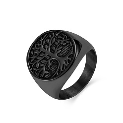 Electrophoresis Black Retro Titanium Steel Tree of Life Finger Ring, Wide Band Ring, Electrophoresis Black, Inner Diameter: 19mm