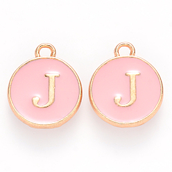 Letter J Golden Plated Alloy Enamel Charms, Cadmium Free & Lead Free, Enamelled Sequins, Flat Round with Letter, Pink, Letter.J, 14x12x2mm, Hole: 1.5mm