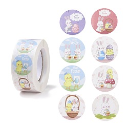 Egg 8 motifs rouleaux d'autocollants en papier auto-adhésif sur le thème de Pâques, avec motif de lapin, étiquettes autocollantes rondes, autocollants d'étiquette de cadeau, couleur mixte, motif de thème de Pâques, 25x0.1mm, 500pcs / roll