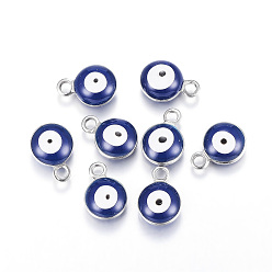 Medium Blue 304 Stainless Steel Enamel Charms, Flat Round with Evil Eye, Stainless Steel Color, Medium Blue, 8.5x6x4mm, Hole: 1mm