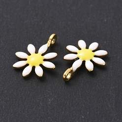 White Ion Plating(IP) 304 Stainless Steel Charms, with Enamel, Golden, Flower, White, 10x7.5x2mm, Hole: 1mm