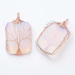 Opalite Opalite Big Pendants, with Rose Gold Tone Brass Findings, Rectangle with Tree of Life, 52.5x30x8.5mm, Hole: 4.5mm