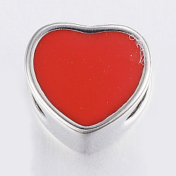 Red 304 Stainless Steel European Enamel Beads, Large Hole Beads, Heart, Red, 9x10x7.5mm, Hole: 5mm