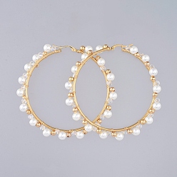 Blanco Aretes de aro con cuentas, con perlas de vidrio blanco y 304 fornituras de aros de acero inoxidable, cuentas de vidrio transparente y cuentas de latón, anillo, dorado, 76 mm, pin: 0.8 mm