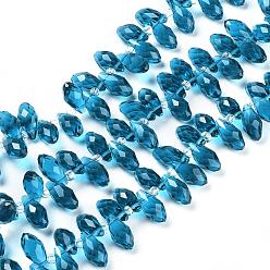 Cyan Crystal Glass Beads Strands, Top Drilled Beads, Faceted, Teardrop, Cyan, 13x6mm, Hole: 1mm, about 100pcs/strand, 16.5 inch