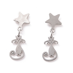 Stainless Steel Color 304 Stainless Steel Cat with Star Dangle Stud Earrings for Women, Stainless Steel Color, 25.5mm, Pin: 0.8mm