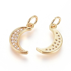 Real 18K Gold Plated Brass Micro Pave Cubic Zirconia Pendants, with Jump Ring, Long-Lasting Plated, Moon, Clear, Real 18K Gold Plated, 13x7.5x1.5mm, Hole: 3.5mm