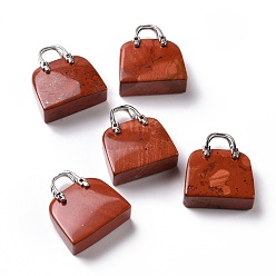 Jaspe Rouge Pendentifs en laiton de jaspe rouge naturel, platine, sac, 27.5x25x10mm, Trou: 6mm