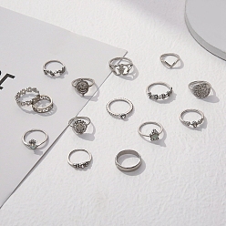 Platinum 15Pcs 15 Style Flower & Hamsa Hand & Oval & Cross Alloy Finger Rings Set, Stackable Rings for Women, Platinum, Inner Diameter: 16~18mm, 1Pc/style