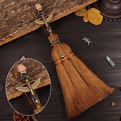 Sunstone Natural Sunstone Witch Altar Broom, Miniature Wicca Brush, Mane Broomstick for Magic Ceremonial, Halloween Wiccan Ritual, with Alloy Wing, 290x135mm