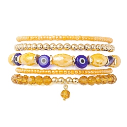 Gold 5Pcs 5 Style Glass & Lampwork Evil Eye Stretch Bracelets Set, Stackable Bracelet with Round Charms, Gold, Inner Diameter: 2-3/8 inch(5.9cm), 1Pc/style
