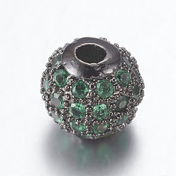 Sea Green Brass Micro Pave Cubic Zirconia Beads, Round, Gunmetal, Sea Green, 10mm, Hole: 2mm