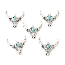 Antique Silver Synthetic Turquoise Pendants, with Alloy Findings, Cattle Head Charms, Antique Silver, 35.5x37.5x7.5mm, Hole: 2.8mm