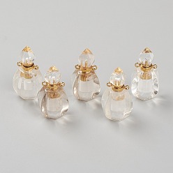 Cristal de Quartz Pendentifs en cristal de quartz naturel facetté, pendentifs en cristal de roche, bouteille de parfum ouvrable, avec les accessoires en laiton de tonalité d'or, 32~33x17~18x16mm, Trou: 2mm, capacité: 1 ml (0.03 fl. oz)