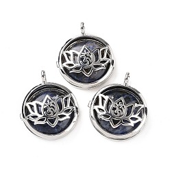 Sodalite Natural Sodalite Locket Pendants, Flat Round Charms, with Platinum Plated Brass Lotus Findings, 31.5x27x9mm, Hole: 4.6mm