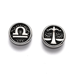 Libra 304 Stainless Steel Beads, Flat Round with Twelve Constellations, Antique Silver, Libra, 10x4mm, Hole: 1.8mm