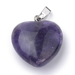 Amethyst Natural Amethyst Pendants, with Platinum Tone Alloy Findings, Heart, 22~23x20~21x9~10mm, Hole: 2.5x5.5mm