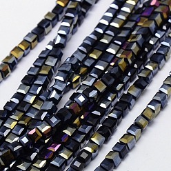 Negro Abalorios de vidrio electrochapdo, color de ab chapado, facetados, cubo, negro, 4x4x4 mm, agujero: 1 mm, sobre 98 unidades / cadena, 15.7 pulgada