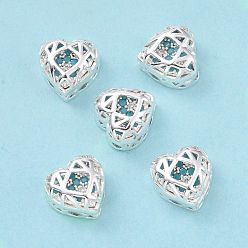 Dark Turquoise Eco-friendly Brass Cubic Zirconia Multi-Strand Links, Nickel Free, Cadmium Free & Lead Free, Heart, Silver Color Plated, Dark Turquoise, 8x8x5mm, Hole: 1.2mm