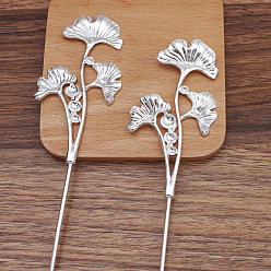 Silver Iron Hair Stick Findings, with Alloy Cabochons Setting, Leaf, Silver, 120x2.5mm, Tray: 6mm and 8mm and 10mm