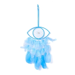 Deep Sky Blue Handmade Eye Woven Net/Web with Feather Wall Hanging Decoration, with Plastic & Wooden Beads, for Home Offices Amulet Ornament, Deep Sky Blue, 525mm