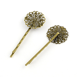 Antique Bronze Filigree Flower Tray Vintage Iron Hair Bobby Pin Findings, Antique Bronze, Tray: 25x25mm, 67x25mm
