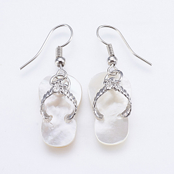 White Natural White Shell Dangle Earrings, with Brass Findings, Flip Flops, White, 40~41mm, Pin: 0.7mm